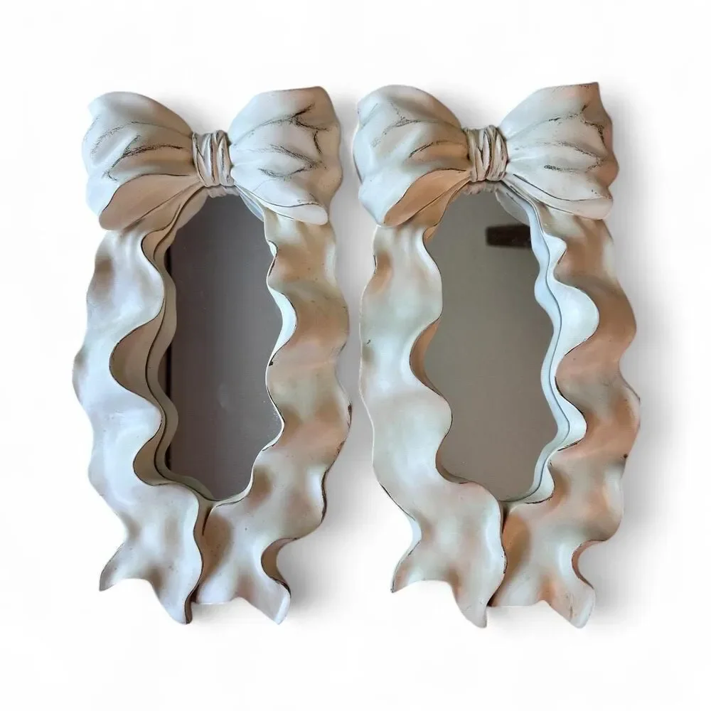 Pair of Vintage-Inspired Ribbon Bow Mirrors, 15” Long Home, Decor, Cream
